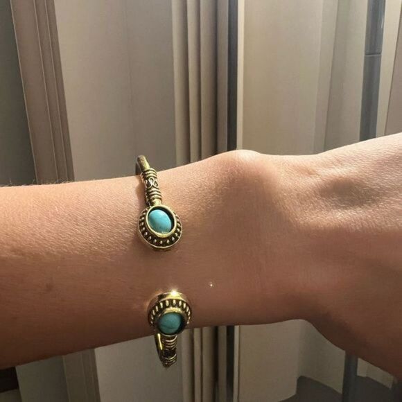 Bohemian Open Cuff  Turquoise Bangle Bracelet Silver and Gold Pated - Picture 7 of 8